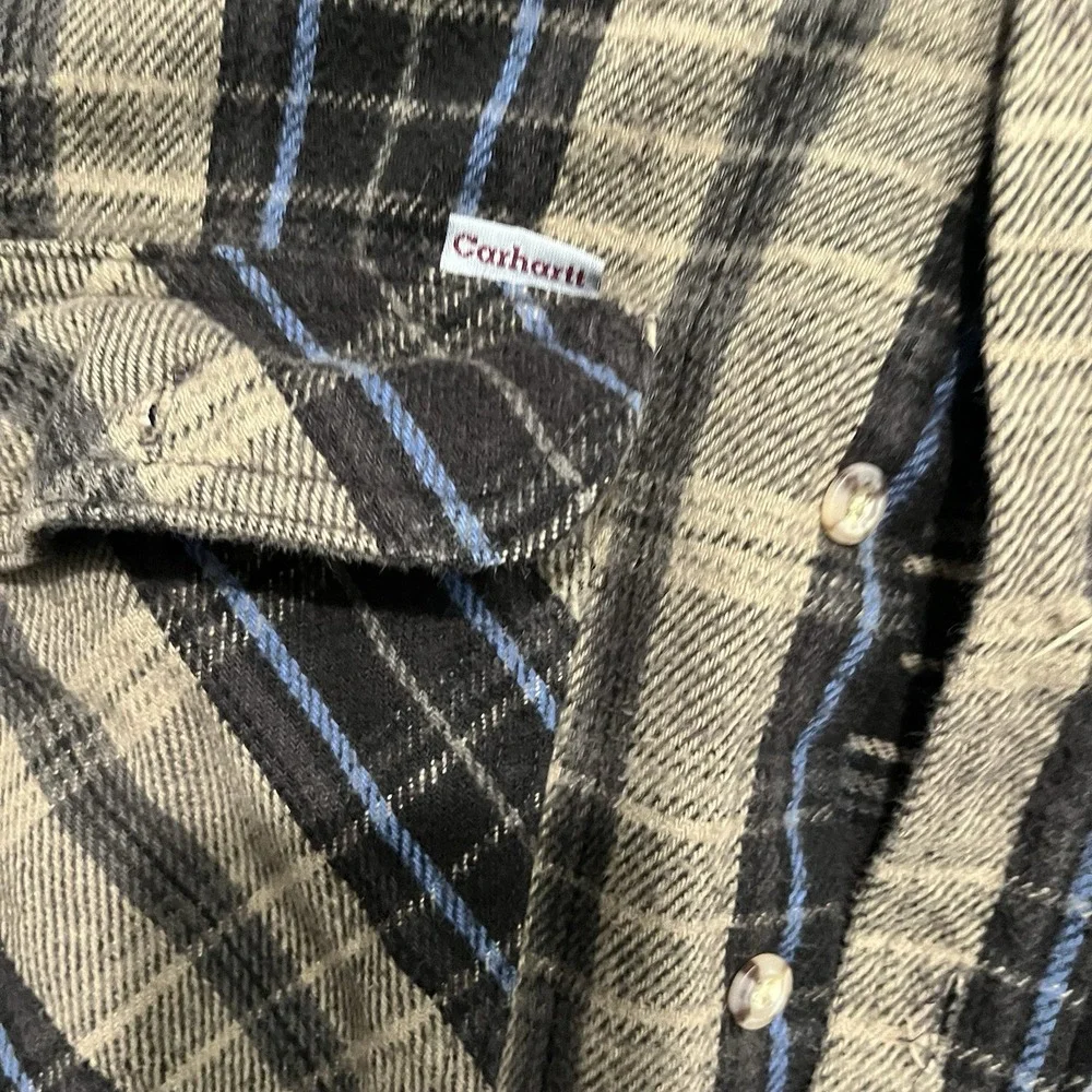 Vintage Carhartt Shirt Mens Large Flannel Plaid Black Brown Button-Up USA 90s